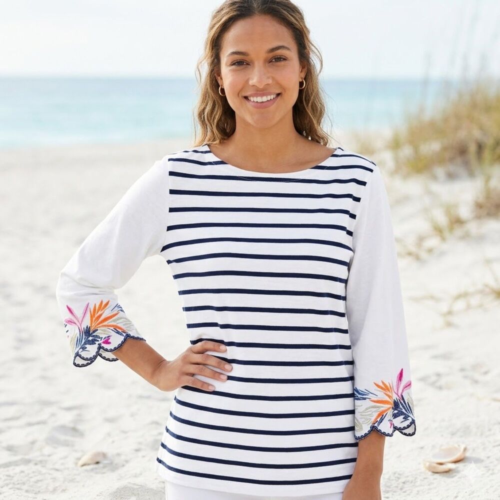 Chico's Embroidered Scalloped Sleeve Striped Boat Neck Tee Size 1 or M Nautical